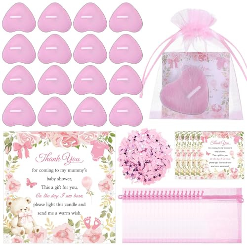 100 Sets Pink Baby Shower Favours Heart Tea Light Candles Gender Reveal | with Thank You Cards Organza Bags Pink Glitter Cute Girl Baby Shower Gifts Bulk for Guests Gender Reveal Party