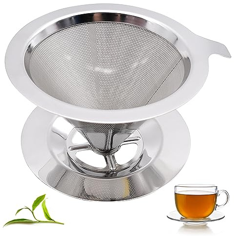 Coffee Filters, Reusable Stainless Steel Mesh Pour Over Dripper, Permanent Drip Cone with Holder for Filter Coffee - Brews 1-3 Cups