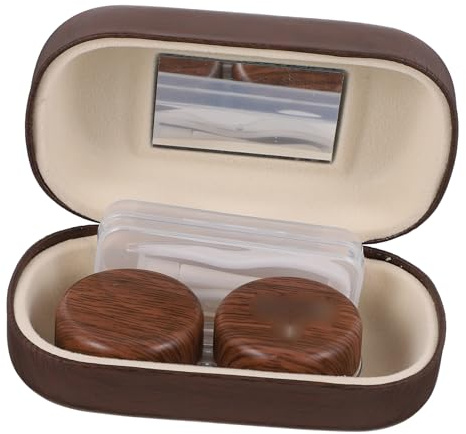 UKCOCO Vintage Leather Contact Case, Large Diameter Leakproof Dual Holder, Dark Brown Organizer and Travel Storage Kit for Eye Care and Contacts