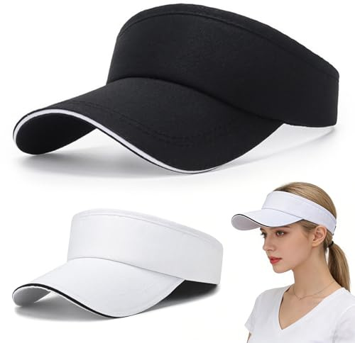 Unisex Visor Cap Solhatt, Justerbar Sommarhatt med Kardborrslutning 2 Stycken, Andningsbar och Svetabsorberande, för Golf, Cykling, Fiske, Löpning, Tennis, Utomhus(Svart+Vit)