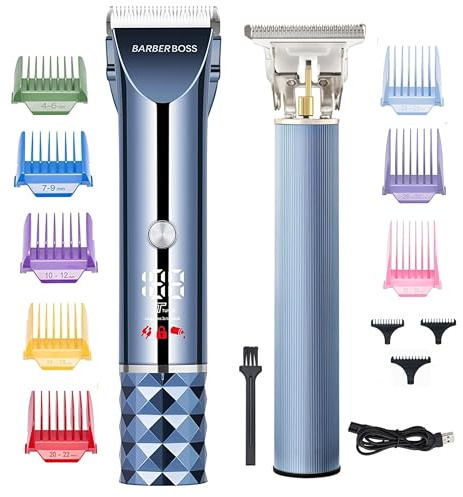 BarberBoss Tondeuse à cheveux et barbe pour homme avec écran LED, lame réglable, 8 peignes de guidage et kit de tondeuse rechargeable par USB et sans fil pour homme