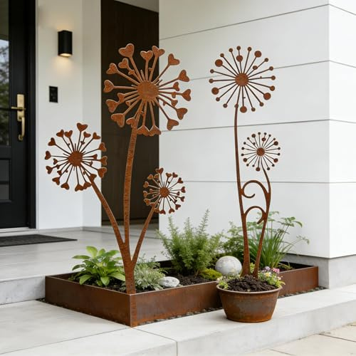 JACKANNA Frühlingsdeko Pilze Deko Herbst Deko Outdoor Draußen Gartenstecker Rost Pilz,Gartenkunst,Gartendeko Rost für Garten,Outdoor-Dekoration, Kleeblatt Pfahl-Zubehör (2 Sätze)