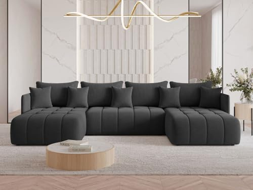 GRAINGOLD Ardi U Ecksofa modern mit Bettfunktion, 353x180 cm, U-Form Sofa, Schlafcouch für Wohnzimmer, Veloursstoff, 5-Sitzer Wohnlandschaft, Ecksofa mit Bettkasten (Anthrazit)