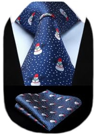 HISDERN Blau Weihnachts Krawatte für Herren Schneemann Muster Xmas Party Festlich Krawatten & Einstecktuch Set Mode