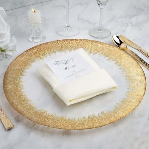 Tableclothsfactory 8 Pack | 13 Glass Charger Plates Reusable Gold Rim Charger Plates Spray Design Plates For Events Table Decoration