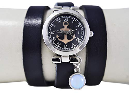 Maritime Armbanduhr aus Leder mit Opal - Anhänger - Blau - Geschenk für Sie - Schmuck-Geschenk - Handmade Geschenk - Personalisiert