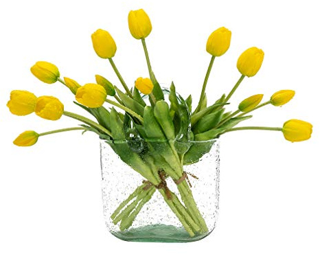 DUYONE Tulipani artificiali, bouquet di tulipani artificiali, realistici al tatto, in lattice, per ufficio, matrimoni, feste, casa, cucina, giardino, decorazione (giallo, 15 pezzi)