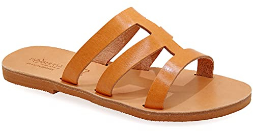 Emmanuela Sandalias de estilo griego, hechas a mano de piel con puntera abierta, zapatos de verano de calidad deslizantes para mujer, sandalias deslizantes con correa cruzada, Beige, 40 EU
