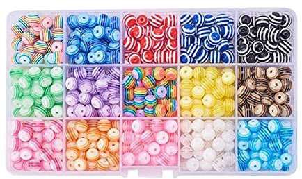 Perlen Bastel Set - bunt weiße Acrylperlen - gestreift für Kinder zum Basteln Armband mini Ring DIY kleine perlen auffädeln Charms Kette Schmuck mit Loch Mix Beads Amreif Dreadschmuck Haarperlen