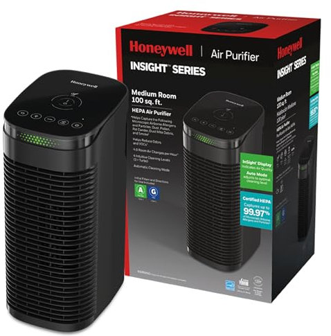 Honeywell InSight HEPA Air Purifier for Medium Rooms (100 sq ft). Allergen Reducer for Wildfire/Smoke, Pollen, Pet Dander & Dust. Air Quality Indicator and Auto Mode - Black, HPA080