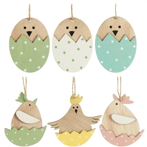 com-four® 6X Dekoaufhänger aus Holz, Osterschmuck aus Holz zum Aufhängen | Holzaufhänger Osterei und Huhn - Osterstrauß