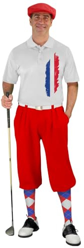 Golf Knickers French Homeland Traditional (Plus Fours) Outfit for Men (Red) - Waist Size 40 - Shirt Size Small