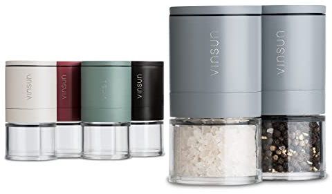 Vinsun Salz- und Pfeffermühle 2er Set Grau - Keramikmahlwerk verstellbar, manuell - Kleine Mühlen mit Deckel ø51x100mm - Edelstahl, Acrylglas - Gewürzmühlen