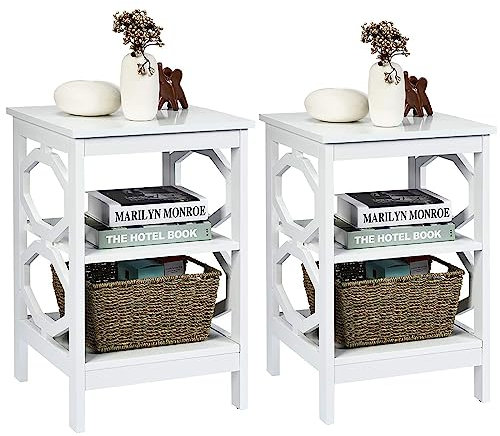 COSTWAY Nachttisch 3 Ebenen, 2er Set Beistelltisch Nachtschrank, Sofatisch Couchtisch für Schlafzimmer, Wohnzimmer 40x40x61cm (OO-förmig, Weiß)