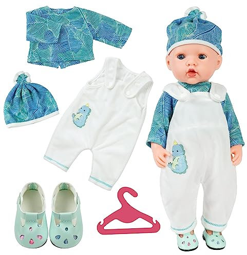 Aolso Kleidung Outfits für Baby Puppen, Puppenkleidung = Grün Langarm+Weiß Hose+ Hut+1 Paar Schuhe+Kleiderbügel, Puppe Zubehör für Baby Puppen 35-45 cm