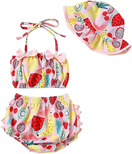 Geagodelia Costume da Bagno per Neonata con Volant Fenicottero Stampato Bretella Fiocco con Capestro Costumi Mare Bimba con Cappello Set di Vestiti Estivi (B Rosa Anguria, 12-18 Mesi)