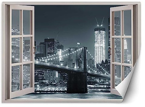 Papel pintado de vinilo Premium Nueva York Vista Por La Ventana 210x150 cm XXL Fotomurales Decoración De Pared Decorativos Dormitorio Oficina Pasillo Hotel Spa Diseño Puente De Brooklyn blanco y negro