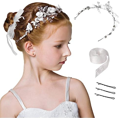 SJBAUTYO Princesse Blanche Fleur Couvre-Chef Robe De Cheveux De Perle Cristal De Mariée, Accessoire Mariage Femme Fête Anniversaire, Accessoires De Cheveux De Mariage Pour Les Filles