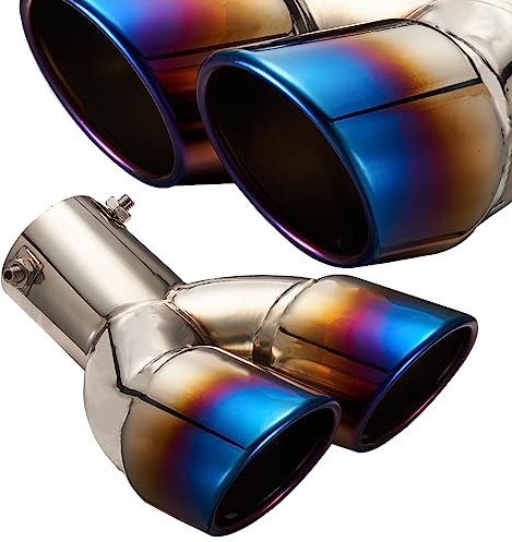 Blueshyhall Terminale di scarico doppio tubo 60 mm, silenziatore auto curvo, blu al forno, ovale, in acciaio inox curvo