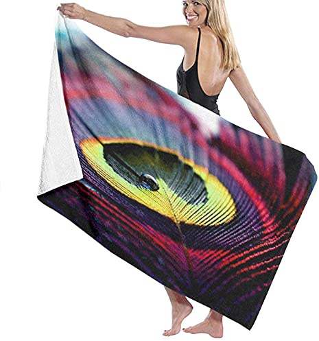 GQWJKSZ Große Badetuchdecke, Pfauenfeder, rot, lila, gestreifte Wasserperlen, bunt, originell, Badelaken, Strandtuch für Familien, Hotelreisen, Schwimmen, Sport, 132 x 81 cm