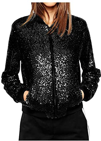 Duohropke - Sudadera con lentejuelas brillantes para mujer, manga larga, estilo bomber, chaqueta de hip-hop, chaqueta de motociclista, ropa de exterior, Negro , M