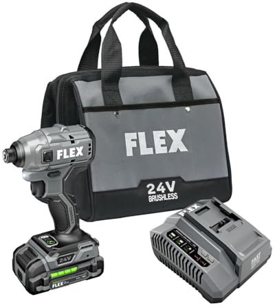 FLEX FX1331-1A - Destornillador de impacto compacto sin escobillas de 24 V sin escobillas de 1/4 pulgadas, kit de modo de tornillo autorroscante con batería de litio de 2.5 Ah y cargador rápido de 160