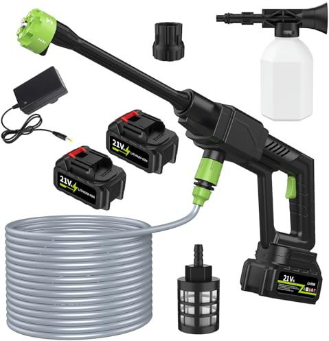 Cordless Pressure Washers Handheld, 21V 500PSI High Pressure Washer Gun with 6 in 1 Adjustable Nozzles, Battery Powered Lightweight Portable Battery Pressure Jet Washer for Garden Car Patio (Black)