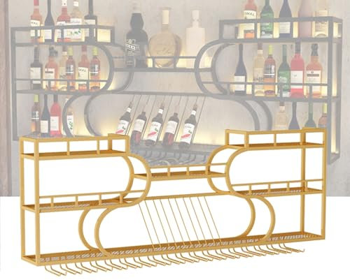 Botellero Vino Pared Garrafeira de Vino Mueble Bar Salon con Soporte Copas Colgante Estanterias Colgantes con Luz LED Barra para Bar Mueble Industrial para Cocina Comedor Sala de Estar ( Color : Gold