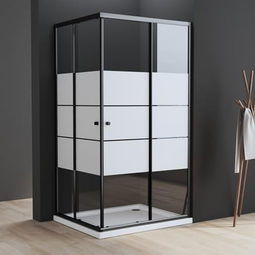 Schwarz Duschkabine Milchglas 100x80 cm Schiebetür Eckeinstieg Duschkabine mit Schiebetüren 6mm ESG Glas Duschschiebetür Duschabtrennung Eckeinstieg Duschwand Höhe 185cm