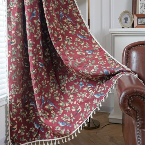 USTIDE Red Floral Birds Curtain - Jacquard Shabby Farmhouse Tassels Curtain for Bedroom & Living Room, Light Reducing, 1Panel, 55x63