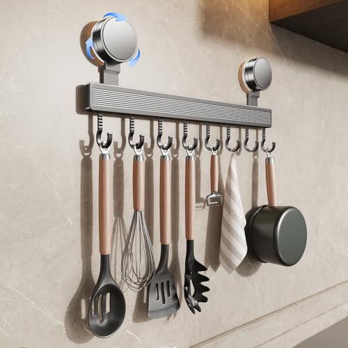 FERCOSEN Kitchen Hook Rack No Drilling with Suction Cup | 8 Hooks, 40 cm Long, 20 kg Load Capacity, 1 Minute Installation | Removable Rustproof Hook Rail for Kitchen Utensils