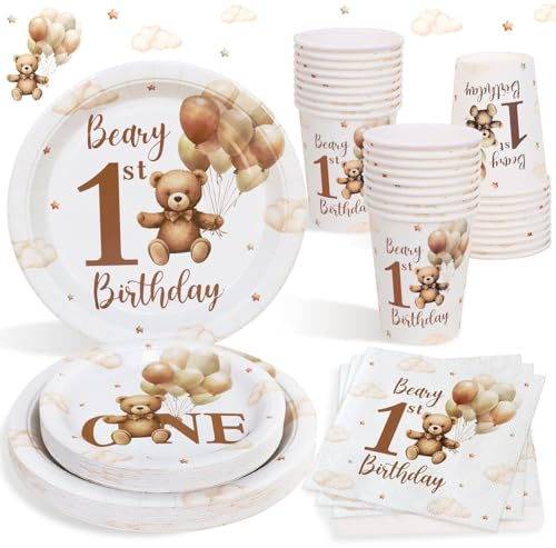 Heboland Beary First Birthday Tableware Set, 100 Pcs | Serves 25 Guests, Beary First Birthday Plarty Plates Cups and Napkins, Beige Baby Boy One Party