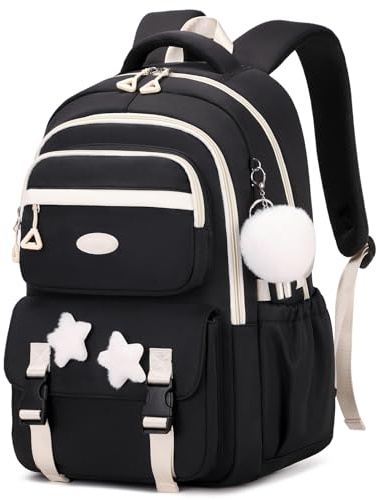 Amythe Schulrucksack Mädchen, Leichter Schulranzen 3.-5. Klasse, Schwarz | Großer Kinderrucksack mit Pom-Pom-Anhänger und Sternenabzeichen, Lässiger Rucksack für Teenager mit Trolleyband, Schulstart
