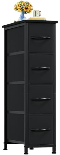 Somdot Schmale Kommode, Schlafzimmer, 4 Kleine Schubladen, Schwarz | Komodenschrank, Stoffkommode, Wohnzimmer, mit Stoffschubladen, Metallrahmen, Holzwerkstoffplatte, 48T x 20B x 75H cm
