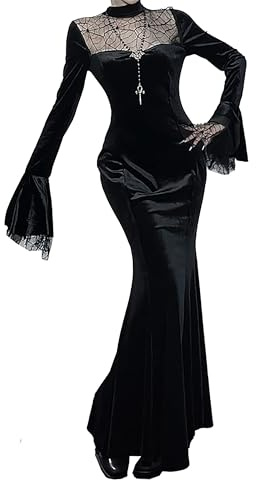 XKBHYD Womens Goth Lace Patchwork Velvet Maxi Dress Harajuku Witchy Stand Collar Long Dresses Y2k Slim Long Sleeve Dress Black