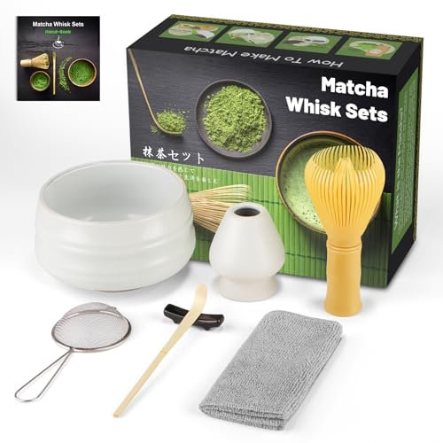Set di 7 Pezzi Matcha Kit,Set Accessori Cerimonia Tè Matcha,Portafrusta,L'Insieme Perfetto per Preparare Tè Matcha (Matte White In Resina)