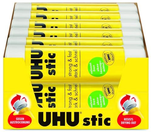 UHU Stic Klebestifte, lösungsmittelfrei, trocken weiß, transparent, 40 g, 24 Stück