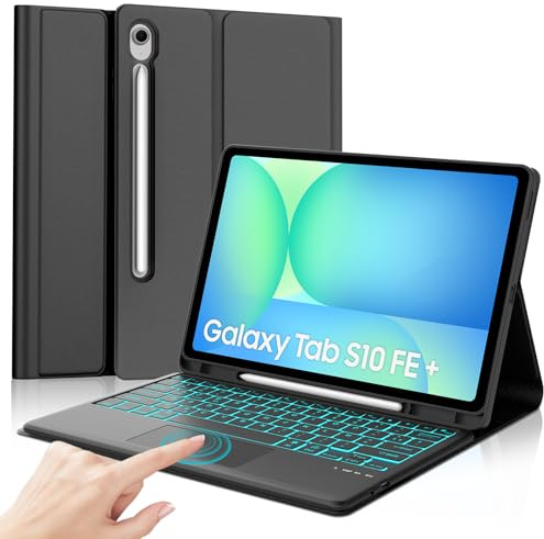 IVEOPPE Coque Clavier pour Samsung Galaxy Tab S10 FE+ Plus 13.1 2025, Clavier RéTroéClairé 7 Couleurs Azerty Français Bluetooth DéTachable, étui avec Pavé Tactile Bluetooth Keyboard, Noir