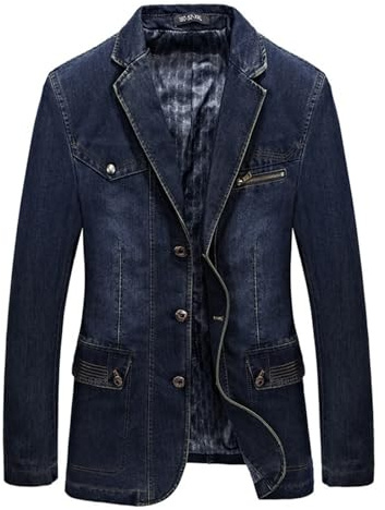 Giacca di Jeans da Uomo, Giubbino Uomo Primavera, Risvolto Manica Lunga Giacca di Costume Classico Denim Cotone Loose Tuta Affari Blazer Giacca con Tasche Giubbino Jeans Giacca in Denim Denim Jacket