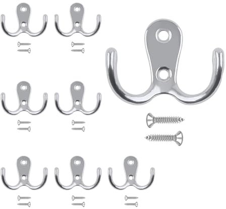 Guoxintech 8PCS Chrome Wall-Mounted Double Prong Hooks with Screws for Clothes, Coat Hooks for Door,Hats, Towels – Retro Metal Hangers for Bathroom, Bedroom, Kitchen (Silvery)