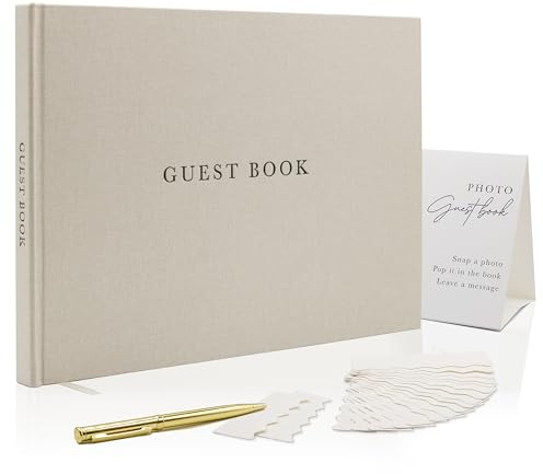 Modern Album Designs Real Linen Guest Book Set - 11.5 x 8.5 Embossed Guestbook for Weddings, Showers, Events, Blank & Lined, Comes with Sign, Pen, Box and Photo Sleeves, 120 Pages (Beige)