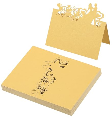 PATIKIL 50Pz Segnaposto per Matrimonio, Cartellini Segnaposto Comunione Eleganti a Forma Tenda cavi Traforati Laser Pieghevole per Allestimento Tavolo Buffet Ricevimento, Oro