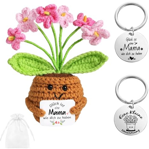 Geschenke für Mama,Beste Mama Geschenk - Positive Pflanze Gestrickte Blumen | Gestrickte Blumen mit Karte Organzasäckchen,Mutter Tochter Geschenk für Frauen Geburtstag Muttertag Weihnachten