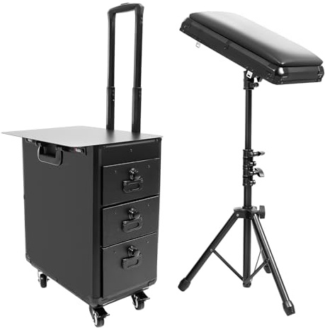 awolsrgiop Carro de cosméticos con soporte para reposabrazos, estación de maquillaje móvil con 3 cajones y espacio de trabajo extraíble, cerradura de combinación y ruedas para diseño de uñas
