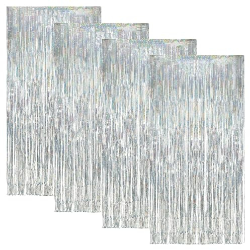 Orchideeknc 4 Stück 1 m x 2.5 m Lametta Vorhang Silber, Glitzer Vorhang Geburtstag, Party Vorhang, Deko Lametta, Glitzervorhang fur Disco Party Geburtstags Hochzeit Festivals Bühnen