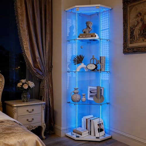 Julyue Femkantig glasvitrinskåp med LED i vitt, 163 x 60 x 44 cm, stående vitrinskåp av säkerhetsglas, modernt monter med 4 golv, samlarvitrinskåp för figurer och samlarobjekt (vitt och LED-A, 60 x