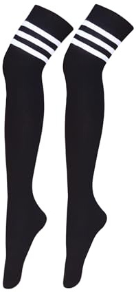 Bestjybt Women Long Thigh High Socks Cotton Warm Over the Knee High Leg Warmers Boot Socks with Stripes (Black-Stripe)
