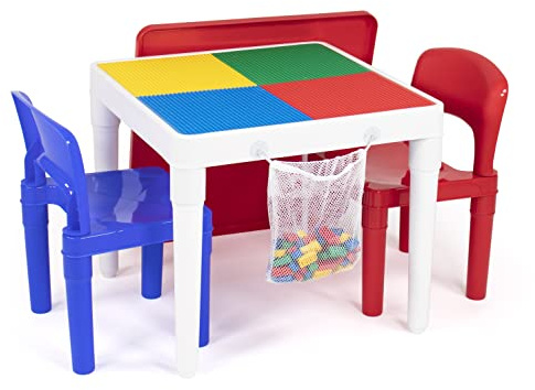 Humble Crew Kids Activity Table and 2 Chairs Set, White/Blue/Red - 2-in-1 Toddler Play Table Building Blocks Compatible - Premium Children’s Table and Chair Set for Arts, Crafts, Reading and More
