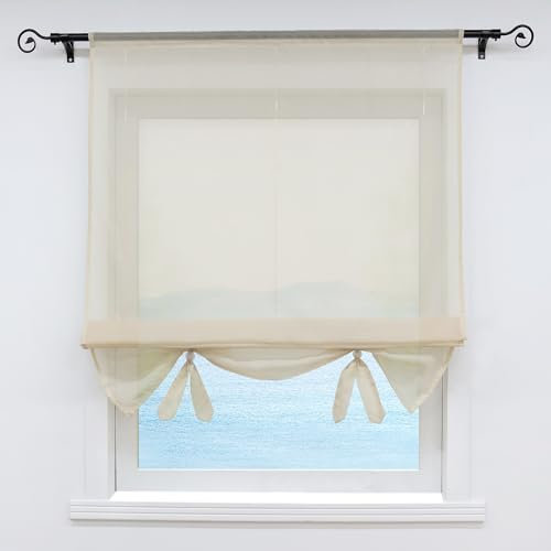 ESLIR Raffrollo Wohnzimmer Raffgardine Tunnelzug Gardinen Küche Transparent Bändchenrollo Vorhänge Modern Voile Sand BxH 100x155cm 1 Stück