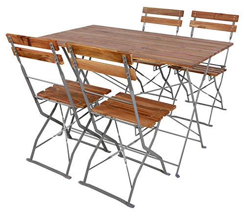INDA-Exclusiv Biergarten Garnitur Klapptisch + 4 Klappstühle aus Akazieholz Bistroset und pulverbeschichteter Stahl 120x60cm